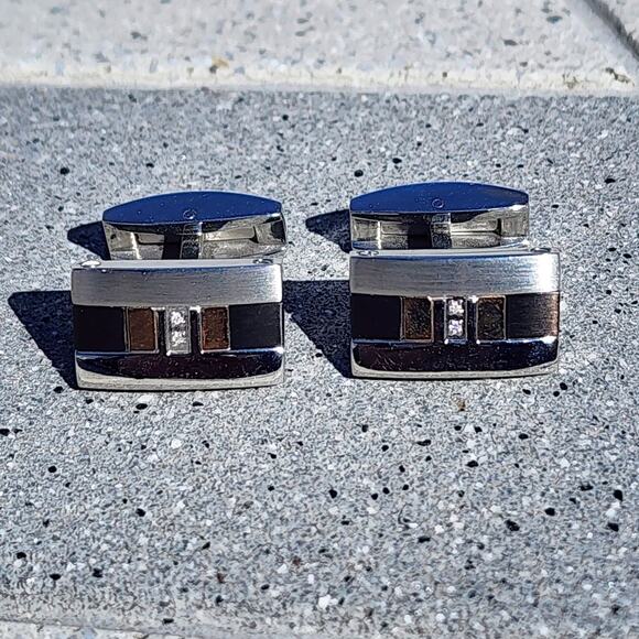 Vintage Rectangle Diamond Polished Stainless Steel Titanium 18k Gold Cufflinks - Picture 2 of 12
